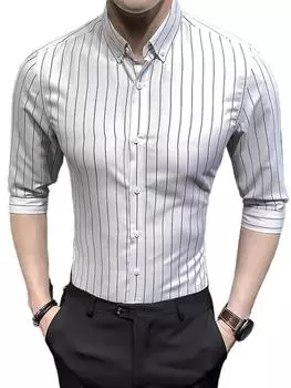 Мужская базовая полосатая рубашка на пуговицах с рукавом три четверти и одним накладным карманом, классическая официальная деловая полосатая тонкая удобная рубашка M белый