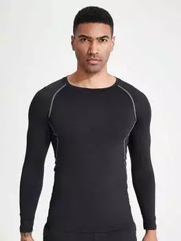 Мужская беговая, влагоотводящая, быстросохнущая, повседневная и удобная, облегающая, с длинными рукавами, высокоэластичная спортивная футболка с круглым вырезом XS чёрный
