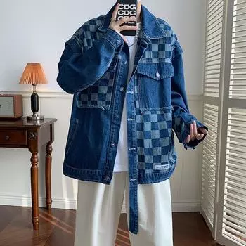 Мужская бейсбольная куртка из выстиранного денима с шахматным узором 2023 года — ретро-стиль Гонконга 3XL синий