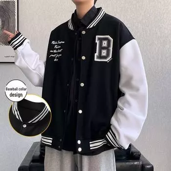 Мужская бейсбольная куртка осень 2024 в гонконгском стиле - повседневный дизайн с принтом для пар/студентов 8906, 2XL черный серый