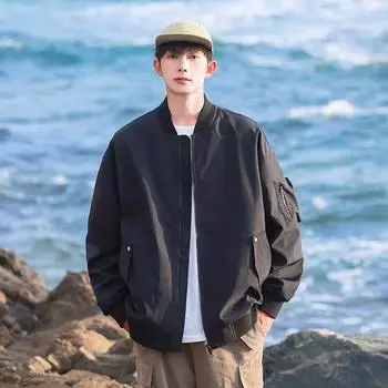 Мужская бейсбольная куртка с полной молнией, однотонная, два боковых кармана, повседневное пальто для активного отдыха, весна и лето M розовый