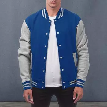 Мужская бейсбольная куртка с воротником-стойкой, длинными рукавами, застежкой на пуговицы, цветное пальто в стиле пэчворк с карманами, осенне-зимняя флисовая подкладка, повседневная M синий