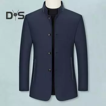 Мужская бейсбольная куртка с воротником-стойкой, длинным рукавом, однобортное деловое пальто с карманами, однотонная деловая верхняя одежда L темно-синий