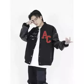 Мужская бейсбольная куртка в стиле ретро с вышивкой на полотенце красного цвета — модная, повседневная и свободная для пар L чёрный