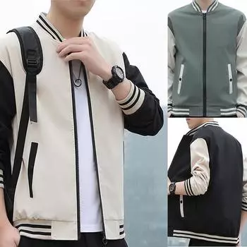 Мужская бейсбольная куртка, весенне-осенняя куртка, мужская полосатая бейсбольная куртка с блоками цветов M чёрный