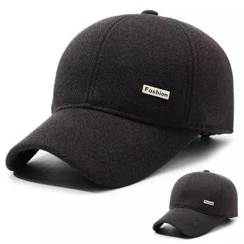 Мужская бейсболка осень-зима шерстяная для пожилых людей теплая хлопковая кепка с козырьком кепка для защиты ушей чёрный