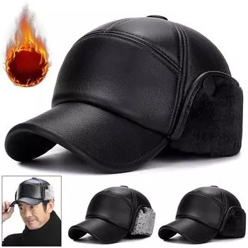 Мужская бейсболка зимняя теплая пушистая плюшевая кожаная шапка наушники кепки лыжные шапки чёрный