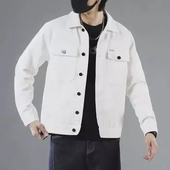 Мужская белая джинсовая куртка в корейском стиле — повседневная, свободная, модная рабочая одежда на весну и осень L белый