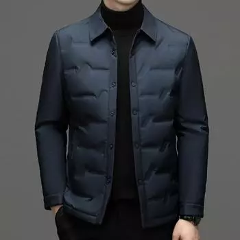 Мужская белая куртка на утином пуху. Зимняя повседневная теплая куртка с лацканами для людей среднего возраста и молодежи. Однотонная легкая и тонкая мужская куртка-пуховик. 4XL