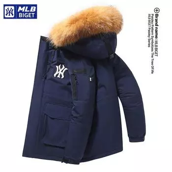 Мужская белая куртка средней длины с капюшоном на утином пуху MLB&NY - зимняя повседневная модель с графеновым дизайном L темно-синий