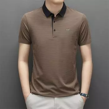 Мужская бесшовная футболка с короткими рукавами и лацканами, мужская модная универсальная полосатая рубашка-поло с короткими рукавами, брендовая мужская одежда M