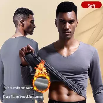 Мужская бесшовная термофутболка с V-образным вырезом: Зимний, теплый, облегающий свитер из хлопка на бархатной подкладке. синий
