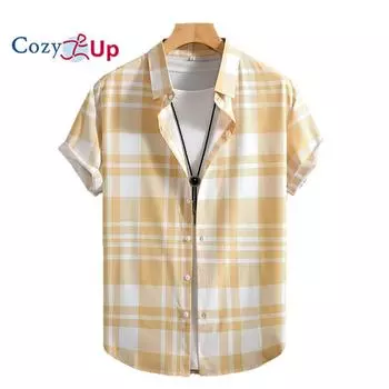 Мужская бежевая рубашка с крупным клетчатым принтом, мужская рубашка с коротким рукавом, лето 2025 г. S