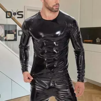 Мужская блестящая футболка из искусственной кожи с эффектом мокрого металла, с длинным рукавом, застежкой-молнией на плече, облегающая рубашка для вечеринок в стиле хип-хоп для ночных клубов M