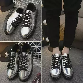 Мужская блестящая лакированная кожа на толстой подошве, модная весенняя спортивная повседневная обувь 42 чёрный