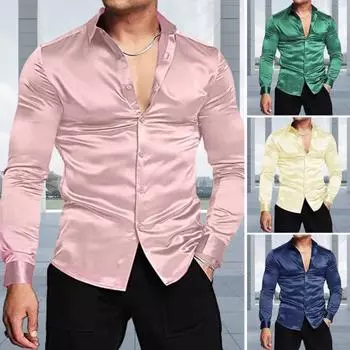 Мужская блестящая шелковая атласная рубашка с длинным рукавом, повседневная приталенная классическая рубашка, однотонные рубашки на пуговицах с лацканами S хаки