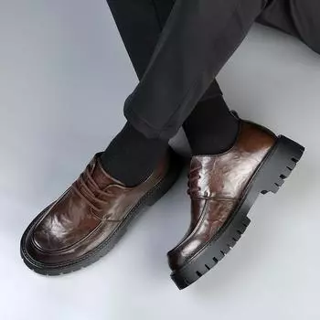Мужская брендовая обувь 2024 года, осень, толстая подошва, новые кожаные мужские туфли, простые, низкие, рабочие туфли, повседневные, на шнуровке, мужские кожаные туфли 38 чёрный