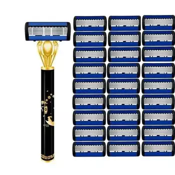 Мужская бритва, ручная безопасная бритва с 6-слойным лезвием, высококачественной золотой ручкой, устойчивой к царапинам щетиной из нержавеющей стали