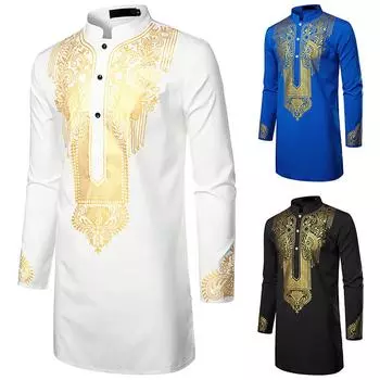 Мужская бронзовая рубашка с принтом, длинная рубашка с тотемным принтом, рубашка в африканском стиле XS белый