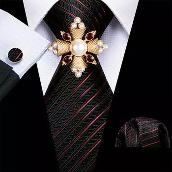 Мужская брошь с галстуком, черный, золотой, красный, жаккардовый, в полоску с пейсли, шелковый галстук, носовой платок, набор запонок N-5335