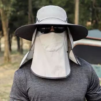 Мужская быстросохнущая шляпа-ведро для рыбалки со съемным клапаном на шее и защитной маской, летняя солнцезащитная кепка с большими полями и съемным верхом шляпы 56-60CM