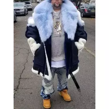Мужская цельная длинная куртка из искусственного меха с большим меховым воротником M синий