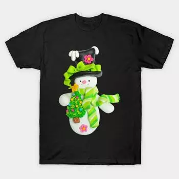 Мужская черная футболка с принтом, очень большая футболка со снеговиком в шарфе с цветами, хлопковая футболка с принтом на бумаге для переноса без разрезов XL чёрный