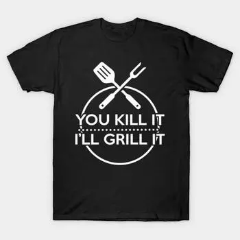 Мужская черная футболка с принтом, очень большая футболка you-kill-it-i-grill-it, хлопковая футболка с принтом на бумаге для переноса без разрезов S чёрный