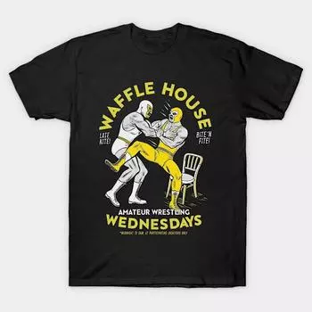 Мужская черная футболка с принтом, очень большая футболкаWaffle House - Amateur Wrestling WednesdaysХлопковая футболка с принтом на бумаге для переноса без разрезов S