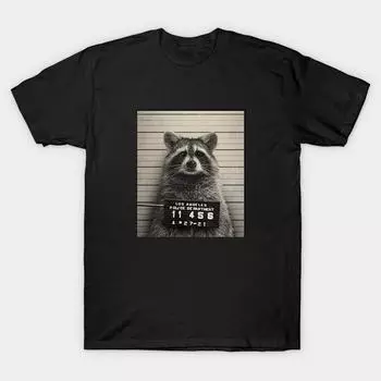 Мужская черная футболка с принтом, супербольшая футболка Raccoon Mugshot от Buck Tee, хлопковая футболка с принтом на бумаге для переноса изображений без вырезов S чёрный