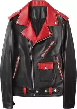 Мужская черная и красная новая кожаная куртка из натуральной овчины ручной работы, стильная S чёрный/красный