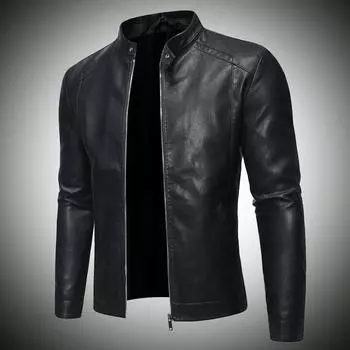 Мужская черная кожаная куртка Мотоциклетная куртка Модная новая тонкая повседневная мужская кожаная куртка Мотоциклетная куртка 2XL чёрный