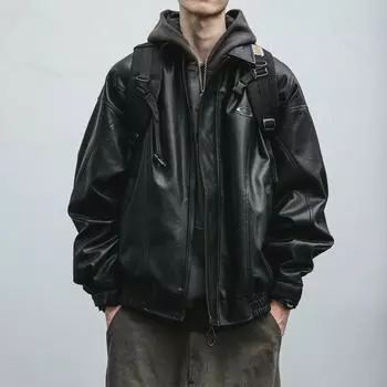 Мужская черная кожаная куртка в стиле ретро для мотоциклистов — ветрозащитная, укороченного силуэта, для весны и осени. M чёрный