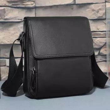 Мужская черная кожаная сумка через плечо в корейском стиле Jiameida — повседневный и простой дизайн чёрный