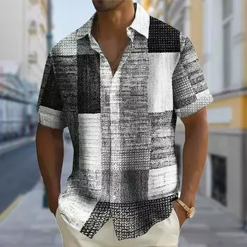 Мужская черная рубашка с размытым квадратным 3D-принтом, рубашка на пуговицах, повседневная рубашка, летняя рубашка с коротким рукавом, повседневная одежда для отпуска XS синий