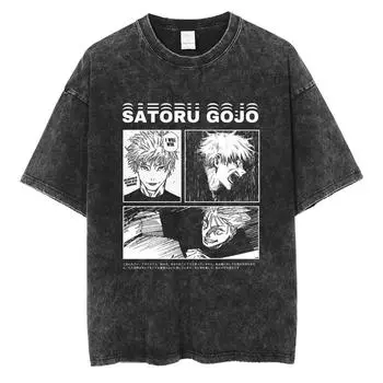 Мужская черная выстиранная винтажная футболка Аниме Графический принт Футболка Уличная одежда Летняя футболка с коротким рукавом Харадзюку Хлопковый топ S