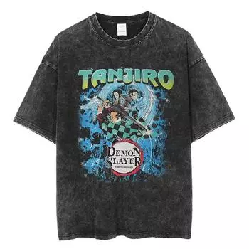 Мужская черная вываренная футболка с аниме-графикой, уличная одежда Харадзюку, летняя хлопковая футболка, винтажная футболка с коротким рукавом S