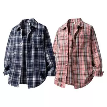 Мужская черно-белая клетчатая куртка - рубашка с длинным рукавом в японском стиле для осени/зимы L тёмно-синий