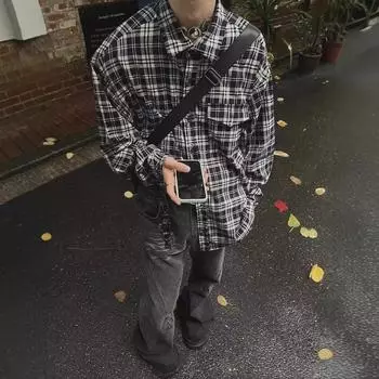 Мужская черно-белая клетчатая рубашка — свободная, повседневная, стиль весна/осень XXXL чёрный