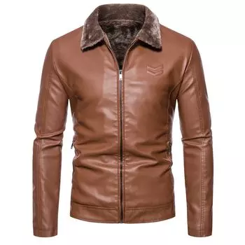Мужская деловая кожаная куртка плюс бархатная зимняя новая мужская куртка из искусственной кожи с отворотами из меха цельная куртка M