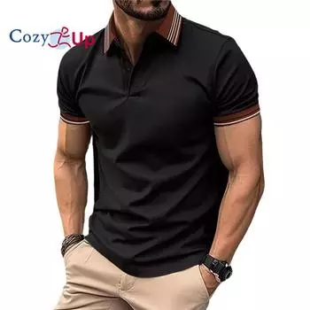 Мужская деловая однотонная поло рубашка Cozy Up с ребристыми лацканами и пуговицами S чёрный