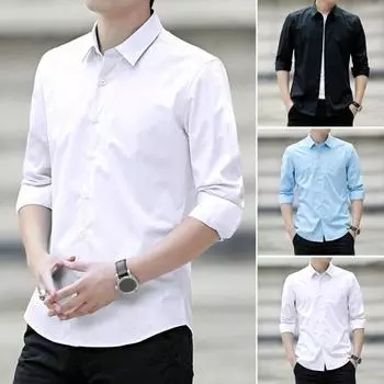 Мужская деловая официальная рубашка с лацканами, однобортный кардиган с длинным рукавом, сплошной цвет, мягкие пуговицы, большие размеры, повседневная мужская офисная рубашка, топ 4XL белый