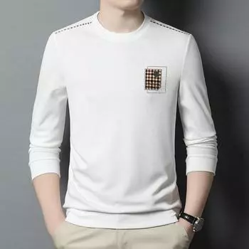 Мужская деловая рубашка-рубашка, повседневная и универсальная толстовка, облегающая футболка с длинными рукавами в корейском стиле, пуловер с круглым вырезом M