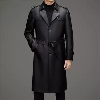 Мужская длинная кожаная куртка осень-зима новая бархатная однобортная деловая повседневная куртка с ремнем из искусственной кожи кожаная ветровка мужская куртка M