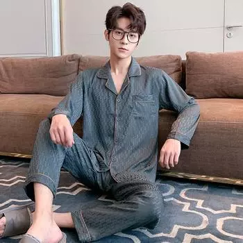 Мужская домашняя одежда больших размеров на весну и осень, комплект из 2 предметов с длинным рукавом и длинными брюками, высококачественная летняя тонкая домашняя одежда L