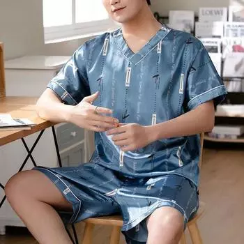 Мужская домашняя одежда Ice Silk шорты с короткими рукавами студенческие пижамы корейской версии с буквами свободные с короткими рукавами L синий