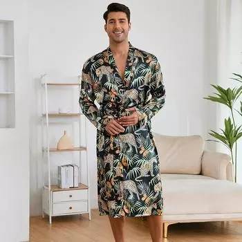 Мужская домашняя одежда с принтом, длинный рукав, халат, шорты, комплект, легкая пижама, платье на шнуровке, домашняя одежда M