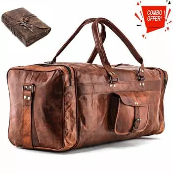 Мужская дорожная спортивная сумка из козьей кожи, подлинная винтажная коричневая спортивная сумка. С комбинированным кожаным дневником 24 x 10 x 10 in коричневый