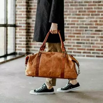 Мужская дорожная сумка для багажа из козьей кожи, натуральная коричневая винтажная спортивная сумка S, новые сумки 24 x 9 x 9 in коричневый
