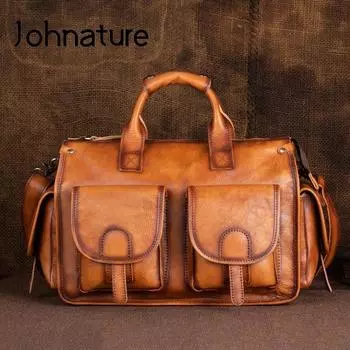 Мужская дорожная сумка Johnature из натуральной кожи в стиле ретро, портативная сумка из натуральной яловой кожи, большая вместительная сумка для багажа, дорожные сумки